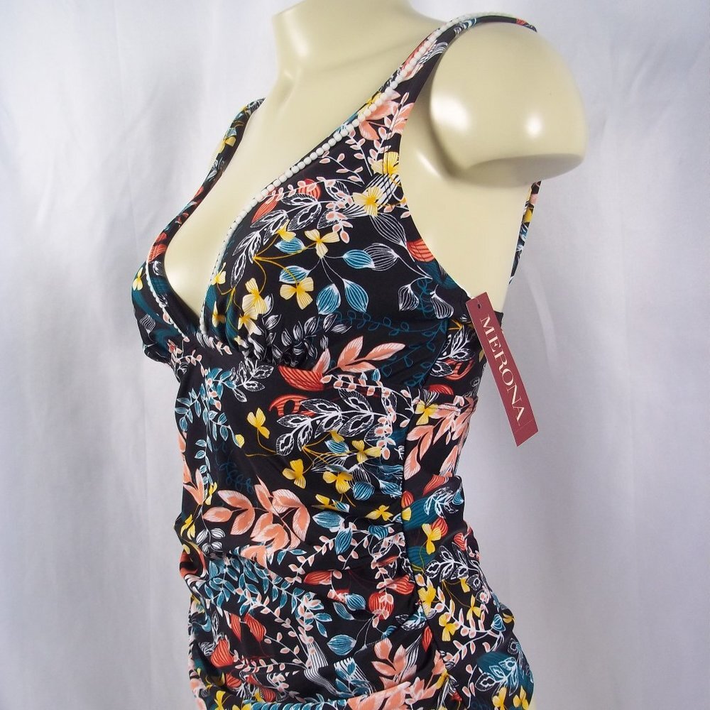Black Floral Print Tankini Swim Top NWT Sz SMALL - Picture 3 of 6